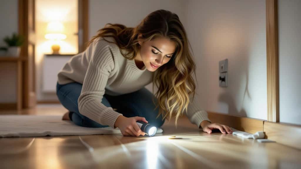 Kvinne inspiserer baseboard med lommelykt i norsk bolig for å sjekke skadedyr