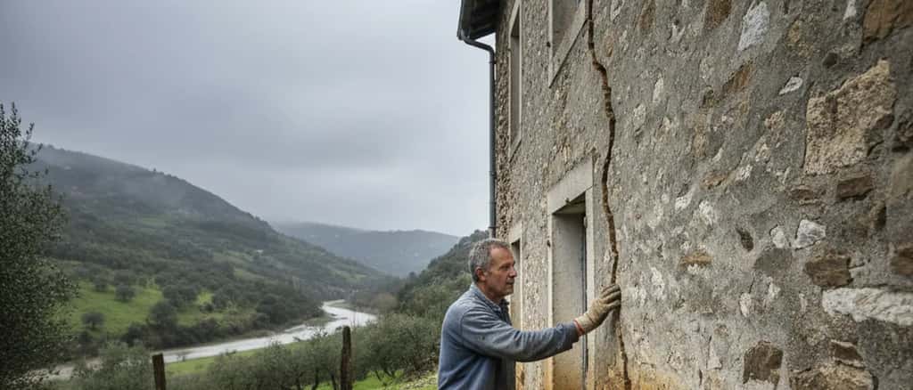 Propriétaire français inspectant des dommages structurels après une inondation dans les Alpes-Maritimes