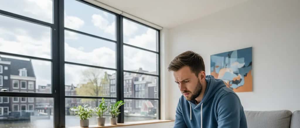 Man controleert voetbalscores en financiële app op smartphone in appartement