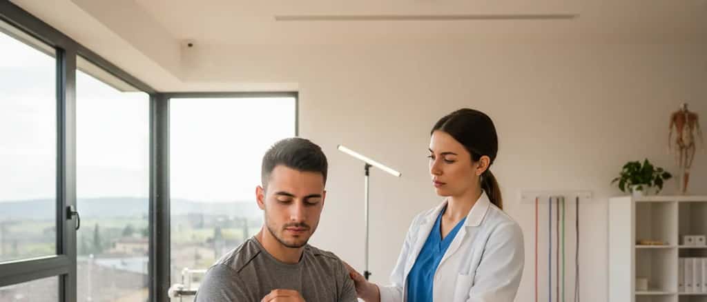 Giovane tennista in consultazione con medico sportivo per infortuni al gomito