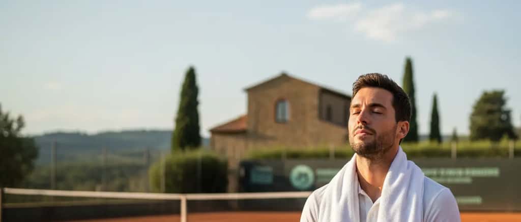 Tennista professionista in pausa mentale a bordo campo al Miami Open 2026