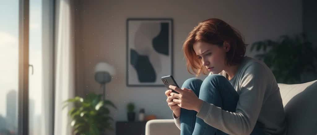 Young British person distressed by social media abuse, looking at phone at home