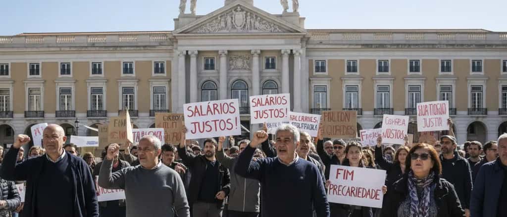 Trabalhadores portugueses em greve em frente a edifício público em Lisboa