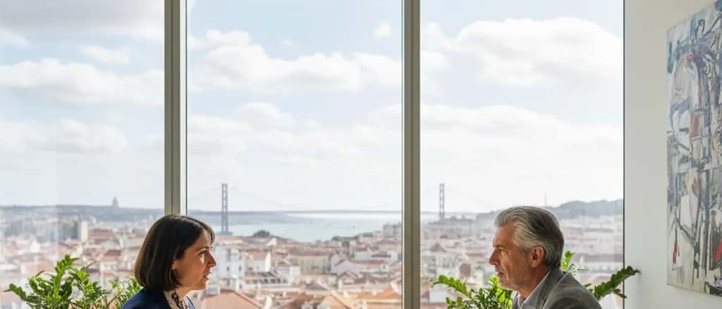 Advogado português em consulta com cliente em escritório moderno em Lisboa