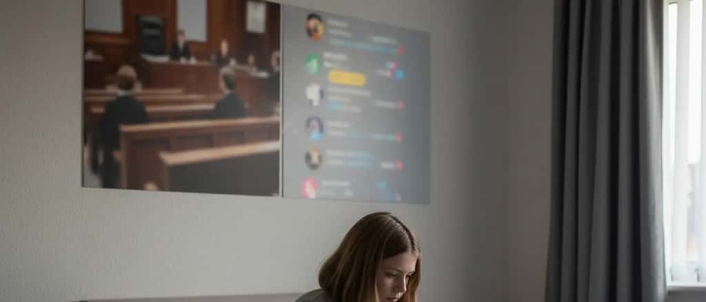 Teenage girl looking distressed while scrolling social media on her phone in a UK bedroom