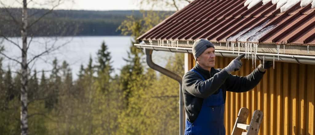 Suomalainen rakennusammattilainen tarkastaa omakotitalon räystäitä kevätauringossa, lumi sulaa katolta