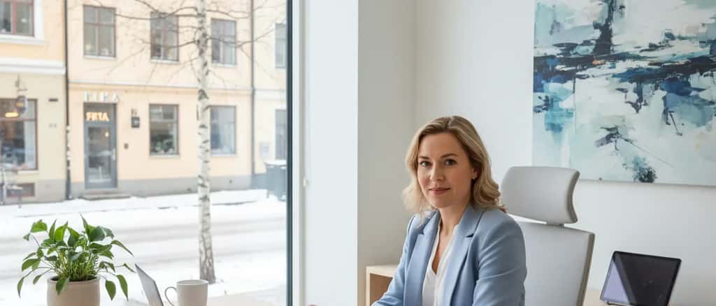 Svensk familjejurist granskar juridiska dokument i modernt skandinaviskt kontor