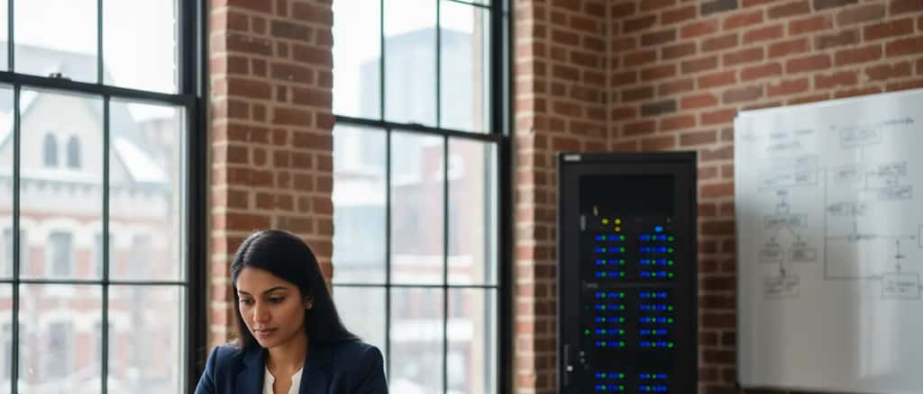 Canadian business owner reviewing IT support proposals on a laptop in a Toronto office with server rack and whiteboard in background