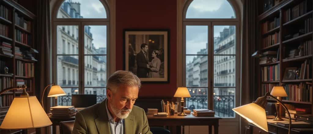 Homme parcourant des archives de films et des storyboards dans un bureau parisien