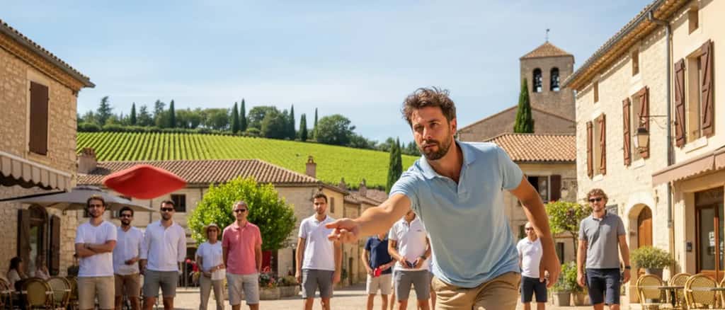 Joueur de cornhole en France lançant un sac lors d'un tournoi extérieur