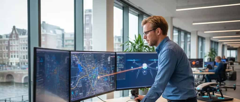 Nederlandse IT-specialist monitort droneactiviteit op meerdere schermen in modern kantoor