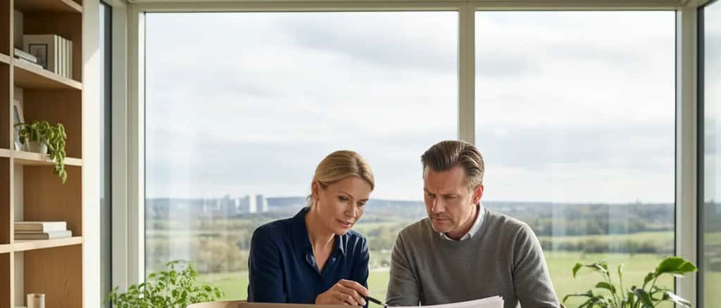 Dansk professionelt par gennemgår finansielle dokumenter ved bord i moderne skandinavisk hjem