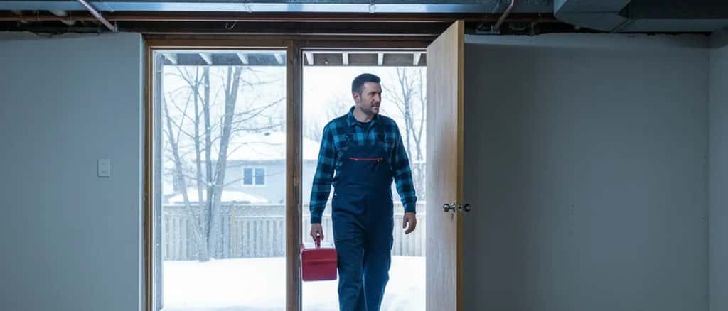 Plombier québécois en salopette arrivant dans un sous-sol inondé avec sa boîte à outils