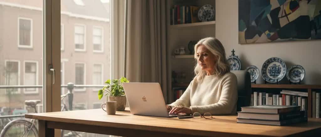 Oudere vrouw werkt thuis op laptop met been omhoog, rustige sfeer