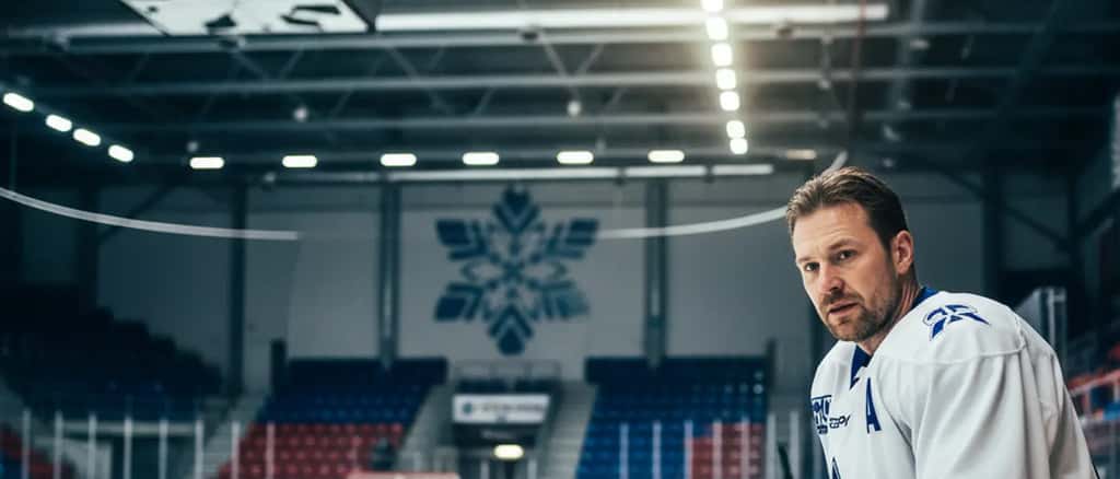 Svensk ishockeyspelare i vit tröja sitter på bänken i Skellefteå Kraft Arena och håller om knäet efter match