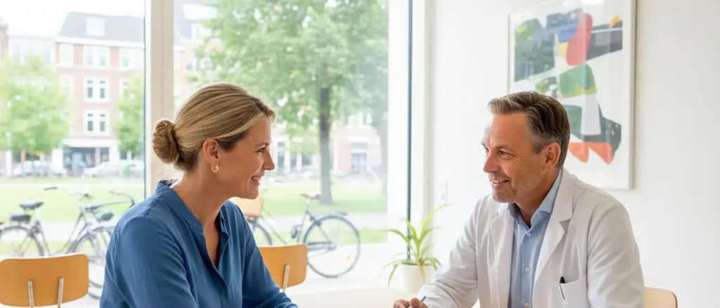 Nederlandse patiënt in gesprek met een arts in een modern medisch kantoor, zorgverzekeringsdocumenten zichtbaar