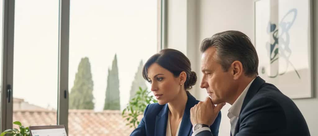 Consulente finanziario in ufficio moderno italiano che mostra grafici di investimento a un cliente