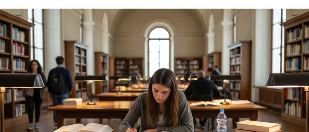 Studentessa italiana che studia intensamente in biblioteca con libri aperti