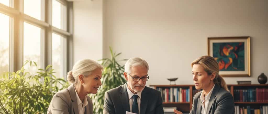 Deutsche Familie bespricht Erbschaftsdokumente mit einem Anwalt in einem professionellen Büro