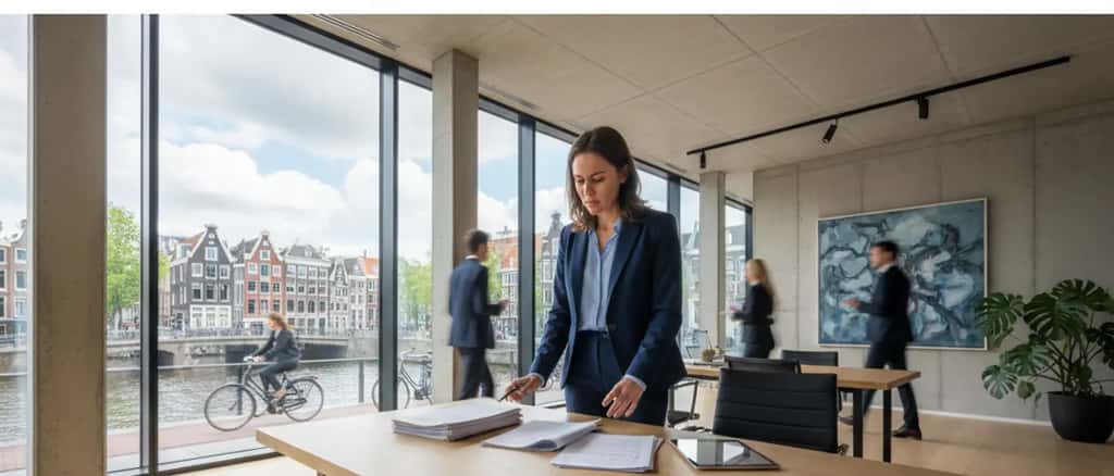 Advocaat in modern kantoor bestudeert rechtsdocumenten over mediabelediging en discriminatie