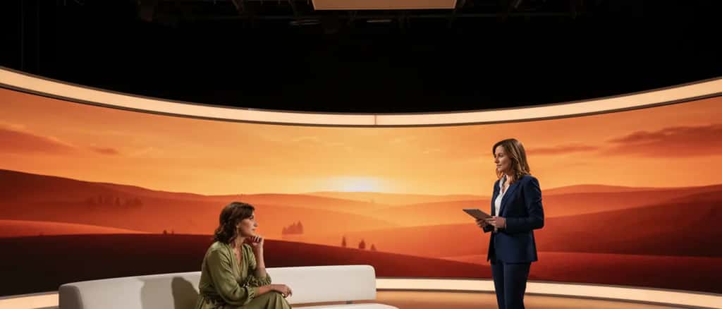 Attrice italiana in un set televisivo moderno, momento di pausa professionale