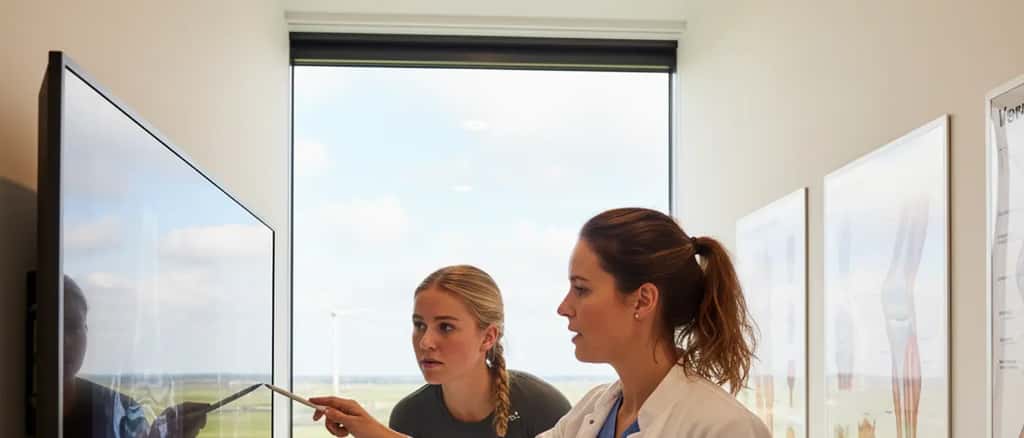 Nederlandse sportarts onderzoekt het knie van een jonge voetballer in een moderne sportkliniek in Groningen