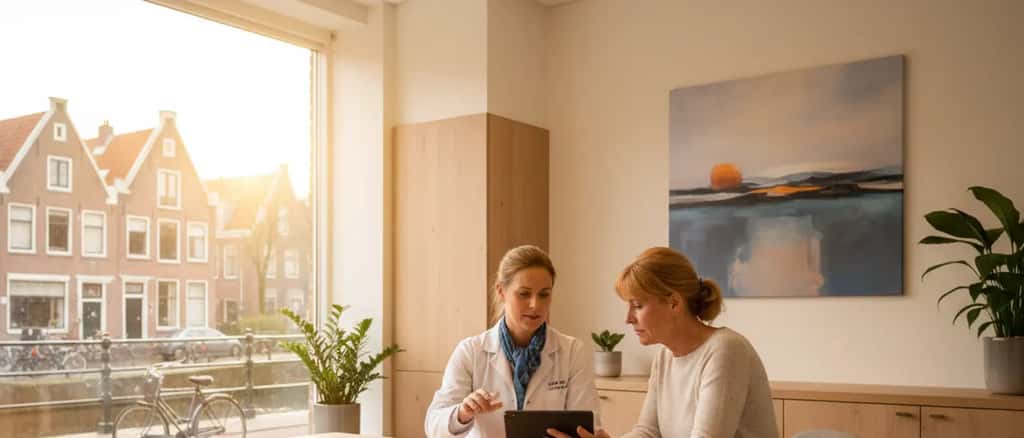 Nederlandse vrouwelijke arts in gesprek met een patiënte in een moderne kliniek, warme professionele sfeer