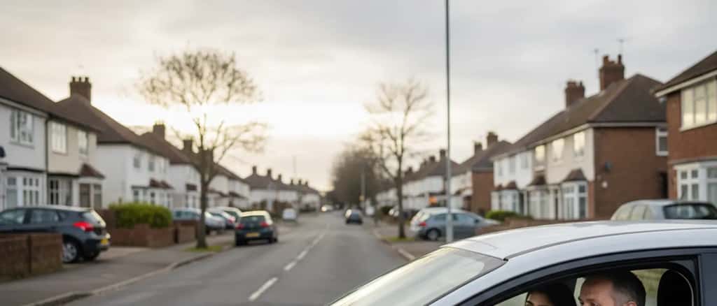 Young British learner driver checking DVSA driving test booking on smartphone with driving instructor in car