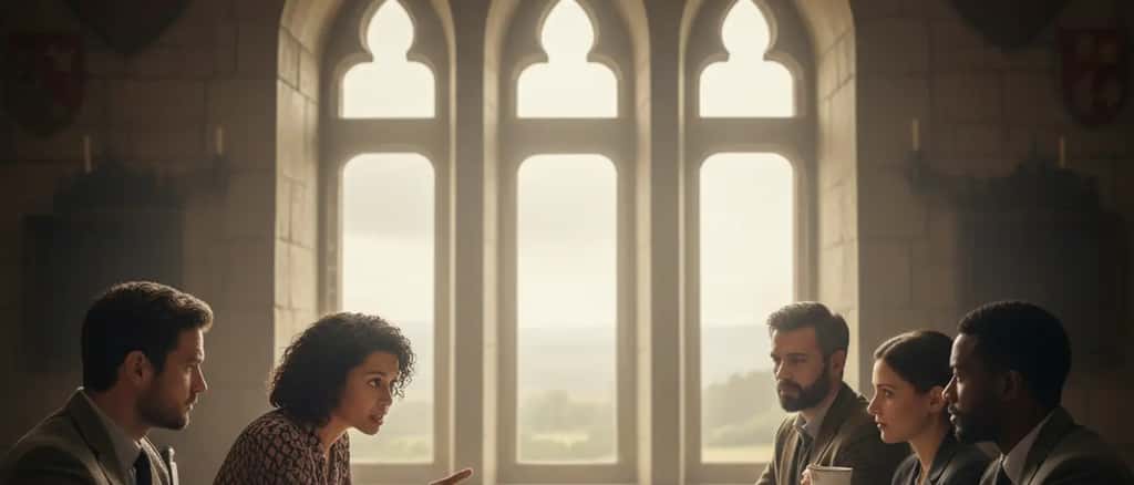 Fem vuxna personer sitter runt ett träbord i ett slottliknande rum och diskuterar intensivt, naturligt ljus från höga fönster