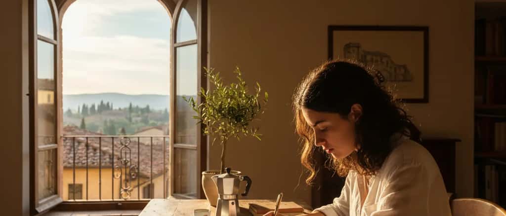 Studente italiano che studia a casa con i fogli di esercizi INVALSI