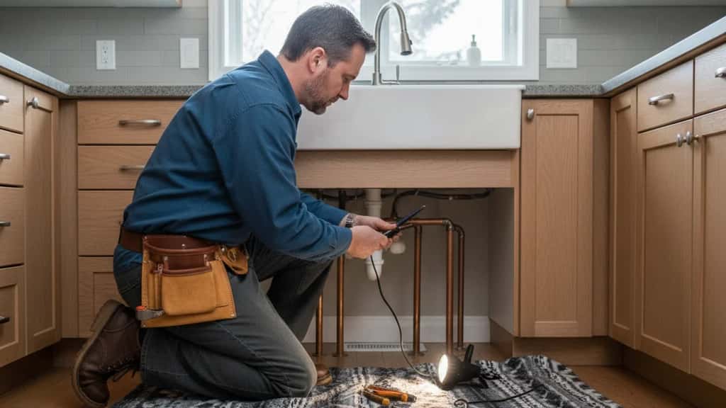 Artisan plombier réparant une canalisation sous un évier dans une cuisine de banlieue québécoise en hiver