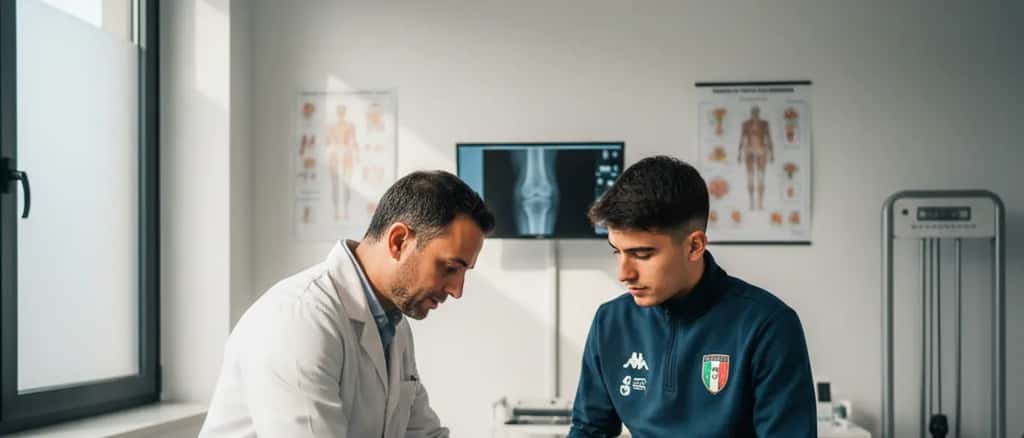 Un medico sportivo esamina il ginocchio di un calciatore amatoriale in uno studio medico