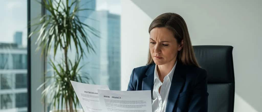 Deutschsprachige Frau prüft bilinguale Rechtsdokumente an ihrem Schreibtisch