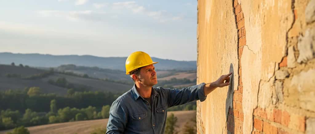 Artigiano edile che ispeziona le pareti esterne di una cascina nelle colline del Canavese dopo un incendio boschivo