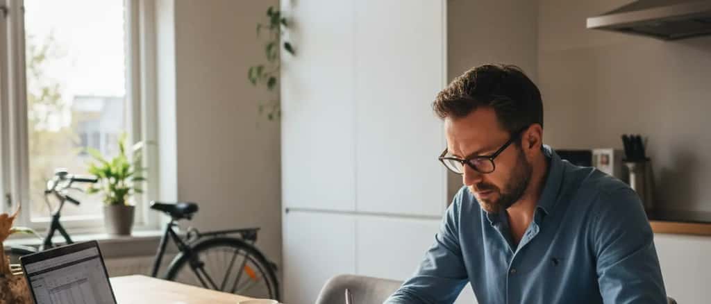 Nederlander bekijkt zorgverzekeringspolissen en rekeningen aan keukentafel met calculator en laptop