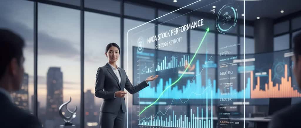 Ein Vermögensberater zeigt auf einen Bildschirm mit Nvidia-Aktienkurs und GTC-2026-Präsentation