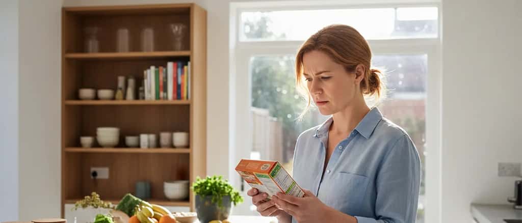 Woman reading food packaging labels in a British kitchen checking for recalled products