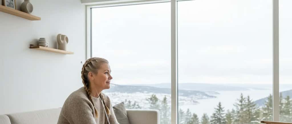 En kvinne i 40-årsalderen sitter i en norsk stue med bærbart oksygenutstyr ved siden av seg, fredelig og kontemplativt