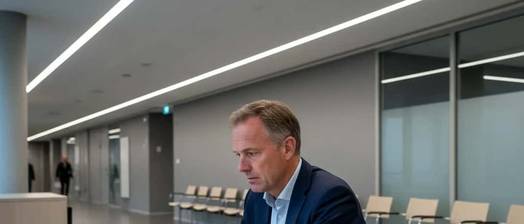 Nederlander in rechtbankwachtkamer met juridische documenten op tafel