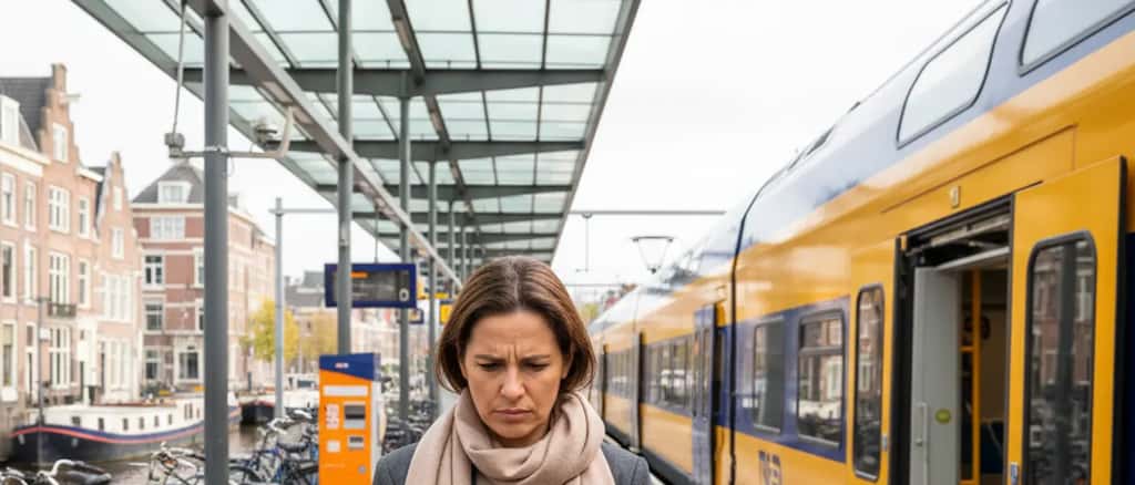 Nederlandse reizigster op treinperron kijkt gefrustreerd op haar telefoon