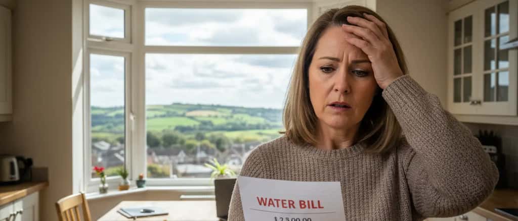 British household member reading a high water bill letter at a kitchen table with concerned expression