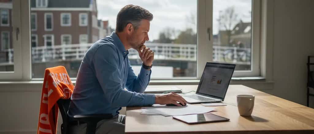 Nederlandse man thuis achter laptop met financiële documenten en oranje sjaal op stoel
