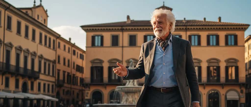 Uomo anziano energico che cammina in una piazza italiana