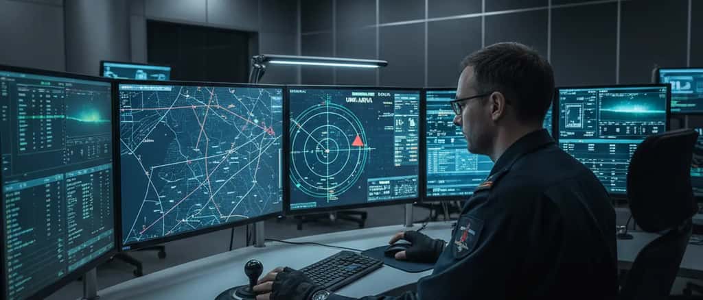 Military-style radar control room with multiple tracking screens showing an unidentified aerial blip