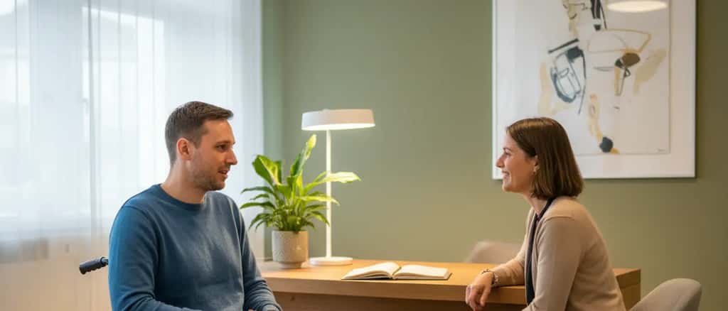 Mann im Rollstuhl in einem Gespräch mit einem klinischen Psychologen