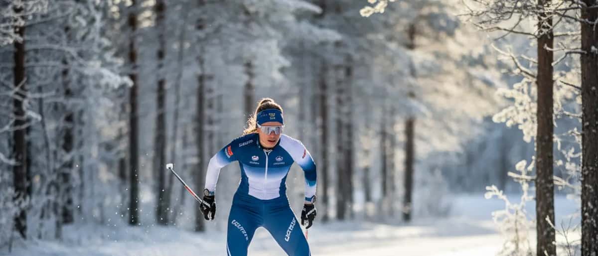 Svensk kvinnlig längdskidåkare glider genom snöig tallskog