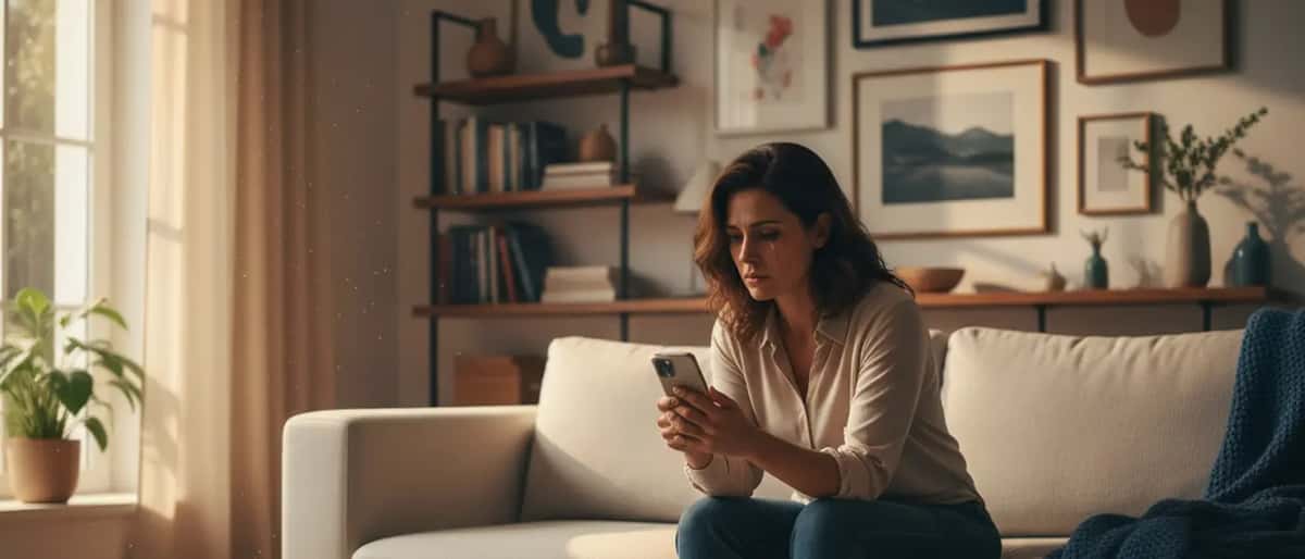 Mulher portuguesa sentada no sofá com expressão preocupada a ver notícias no telemóvel, luz da tarde, ambiente doméstico