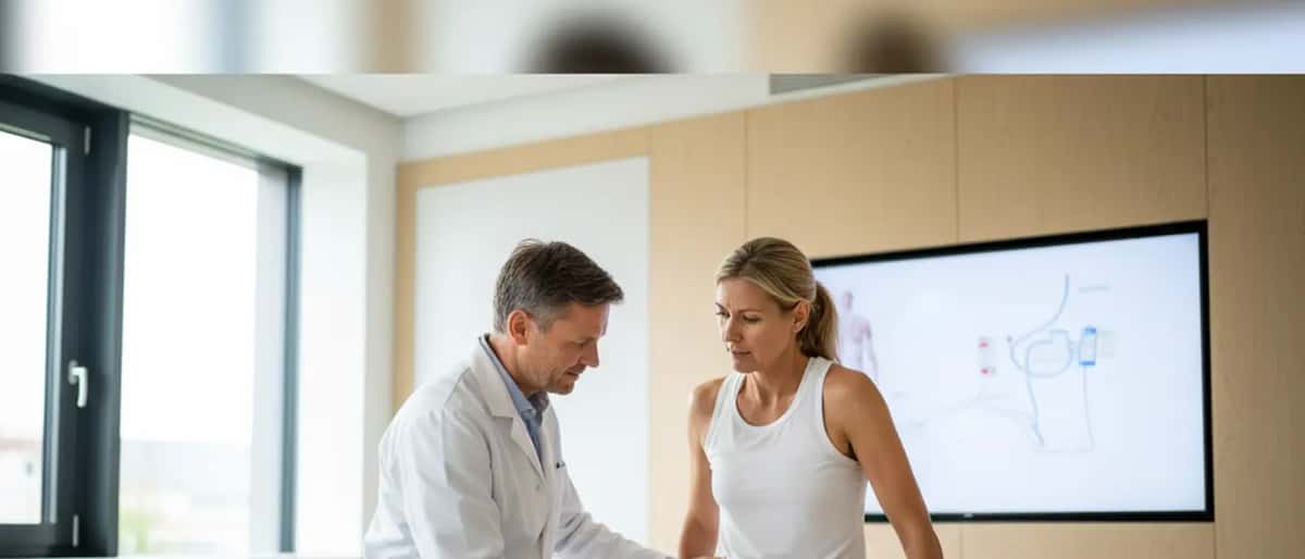 Tennisspielerin im Gespräch mit einem Sportmediziner in einer Klinik