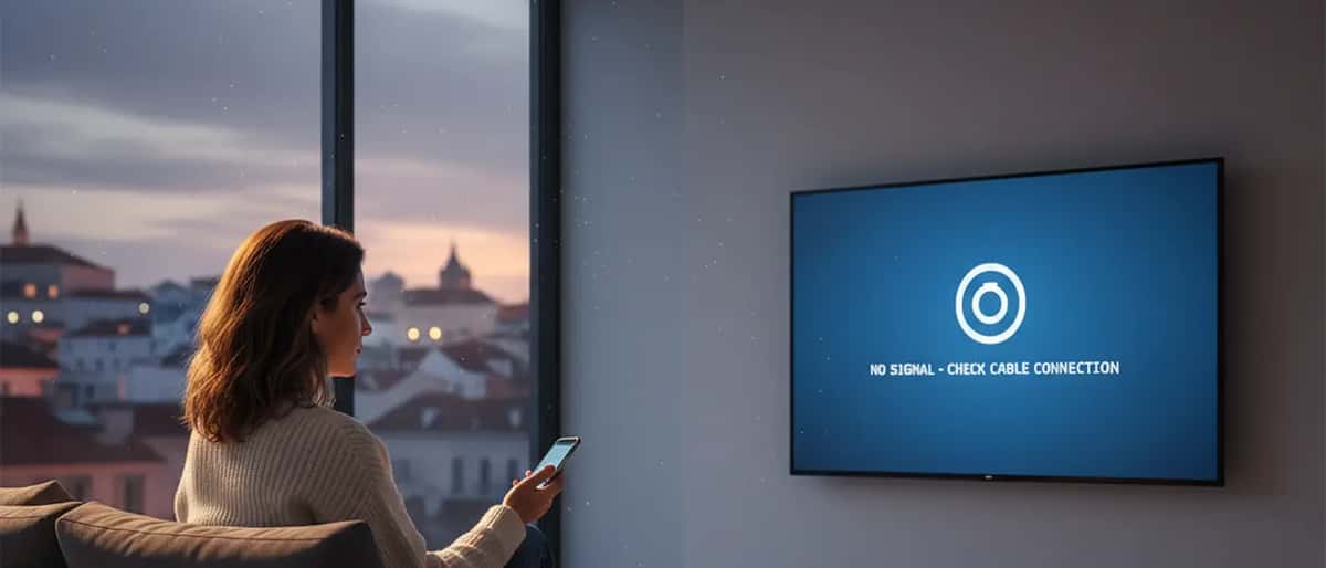 Mulher portuguesa olha para ecrã de televisão com mensagem de erro da PlayStation