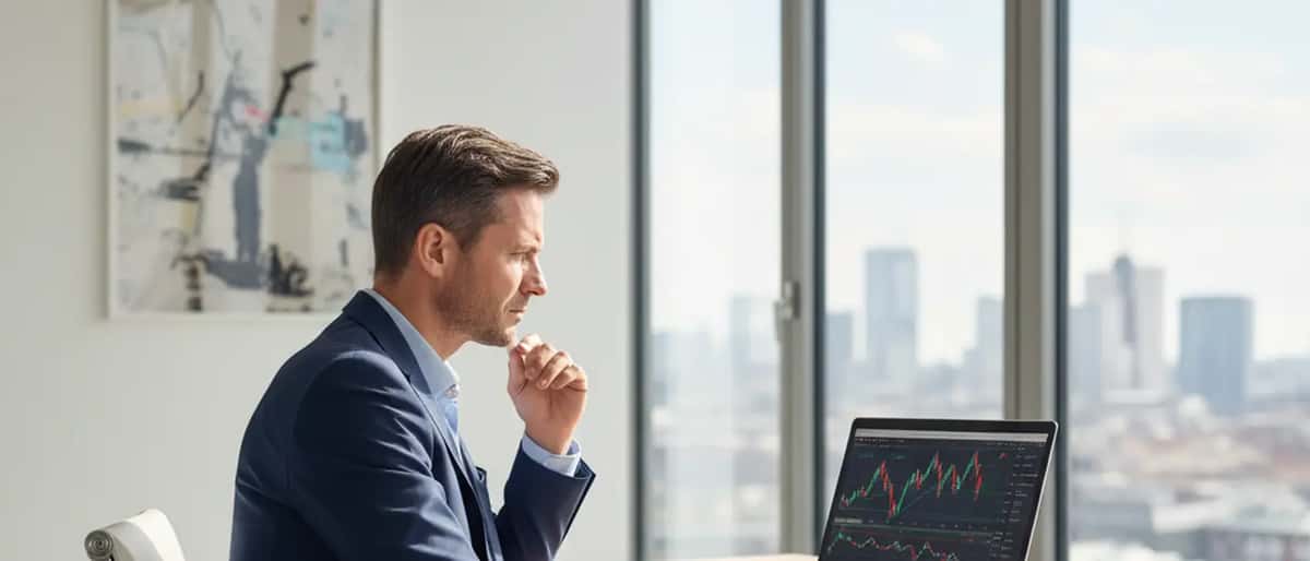 Ein Finanzberater und Privatanleger besprechen DAX-Charts am Laptop in einem modernen deutschen Büro